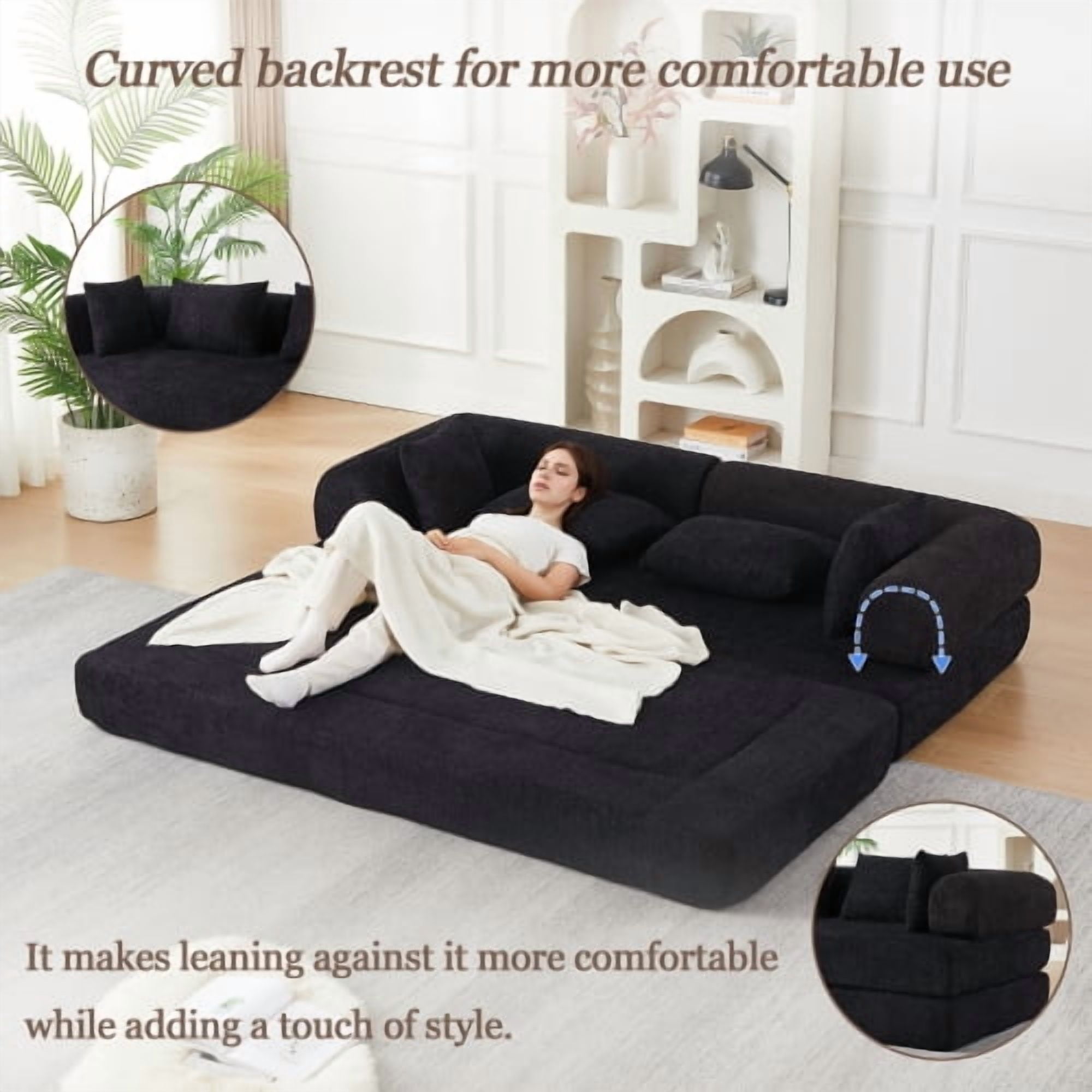 78.9-Inch Convertible Sleeper Sofa, Stain-Resistant Chenille Folding Mattress, DIY Modular Floor Lounge with Removable Armrests, Black