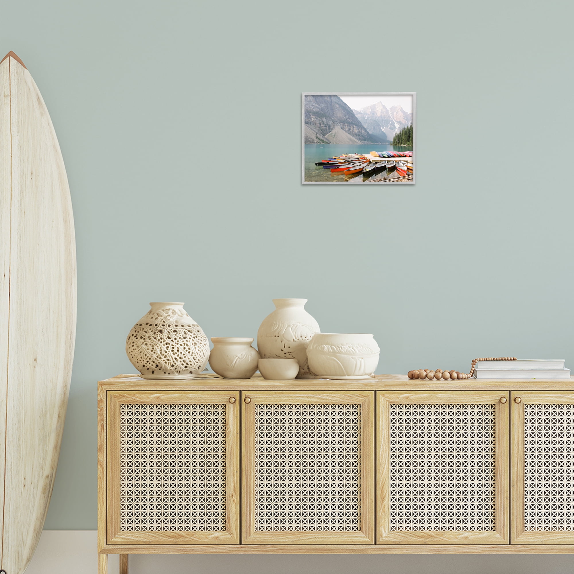 Stupell Industries Cliffside Canoe Dock Landscape Photography Gray Framed Art Print Wall Art, 14 x 11