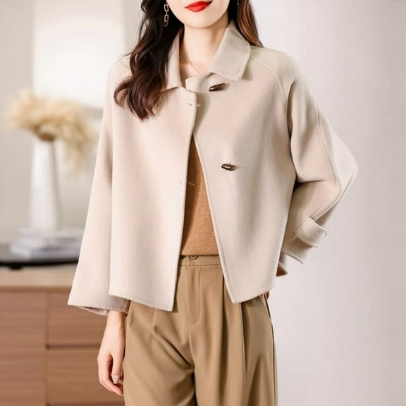 100% Merino Pure Wool Handmade Double-Sided Cloth Chic Coat Women's Short Oxhorn Button Heavy Coat High Street Elegant Top