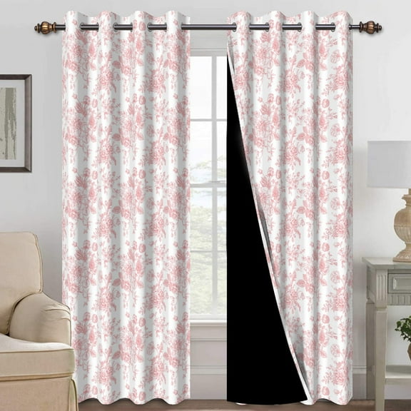 Mizhona Pink Curtains for Bedroom,Rustic Flower Printed Room Darkening Curtains Set of 2,42"x84"