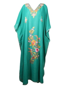 Mogul Women Green Embellished Maxi Dress, Kimono Caftan, Housedress Cotton Cover up, Kaftan, Lounger, Resort Wear Plus Size