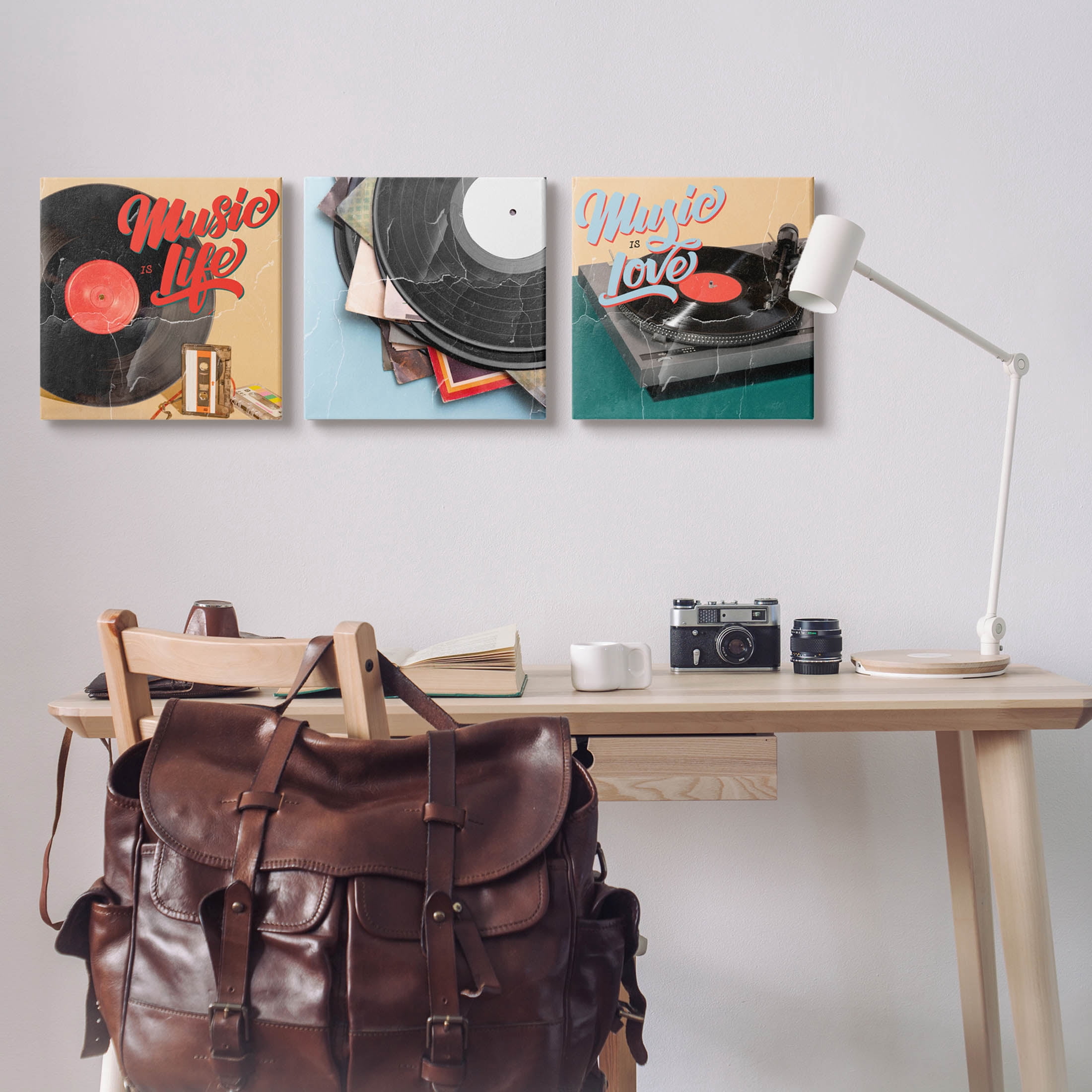 Music Is Love Life Vintage Turntable Inspirational Graphic Art Gallery Wrapped Canvas Print Wall Art, Set of 3