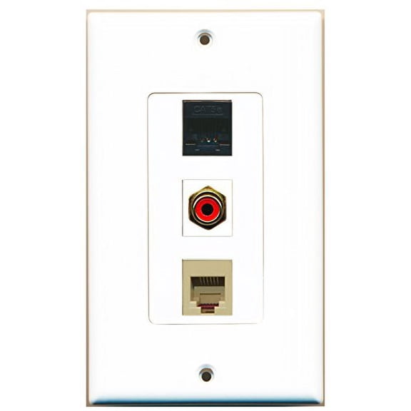 RiteAV - 1 Port RCA Red and 1 Port Phone RJ11 RJ12 Beige and 1 Port Cat5e Ethernet Black Decorative Wall Plate Decorative