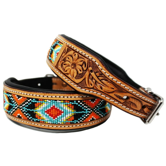 Medium 17''- 21'' Padded Leather Dog Collar Beaded Floral Hand Tooled 60175