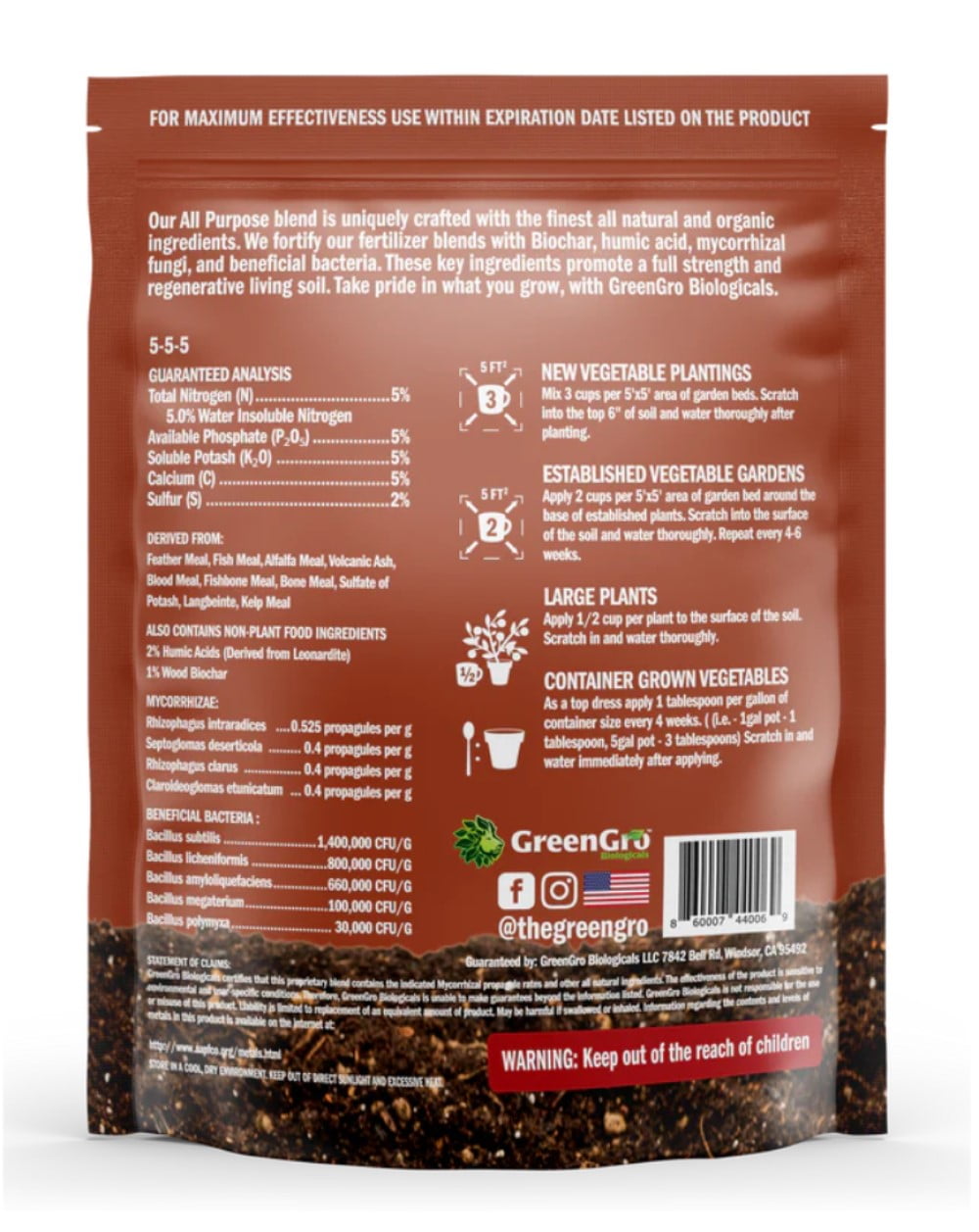 All Purpose Fertilizer 5-5-5 - Natural and Organic OMRI Listed 4 lb Bag by GreenGro Biologicals