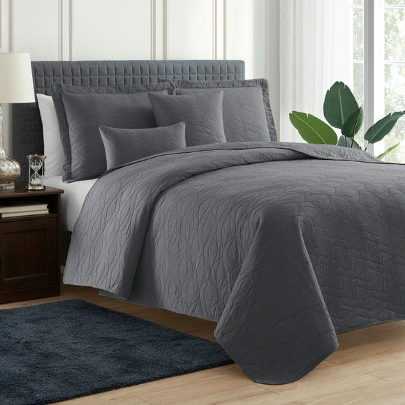 Clara Clark 4 Piece Quilt Set Twin with Pillow Shams and Euro Shams, Soft Microfiber Lightweight Bedspread Coverlet, Modern Style Ellipse Weave Bed Cover, Gray