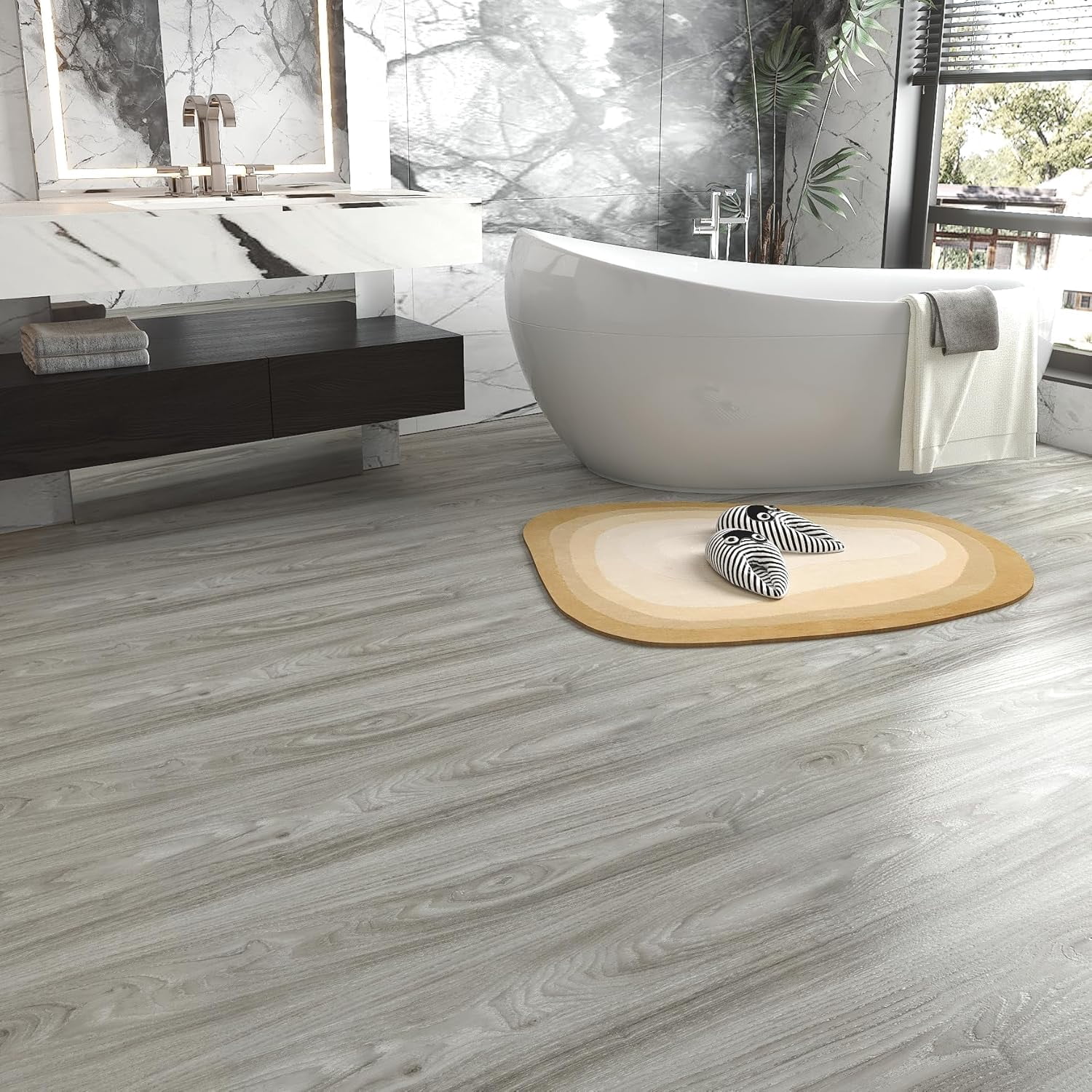 Peel and Stick Wood Flooring Grey Wood Grain Vinyl Flooring Roll Peel and Stick Floor Tile Bathroom Kitchen Wooden Floor Planks Waterproof Self Adhesive Removable Foam Wall Paper 15.8"x80"