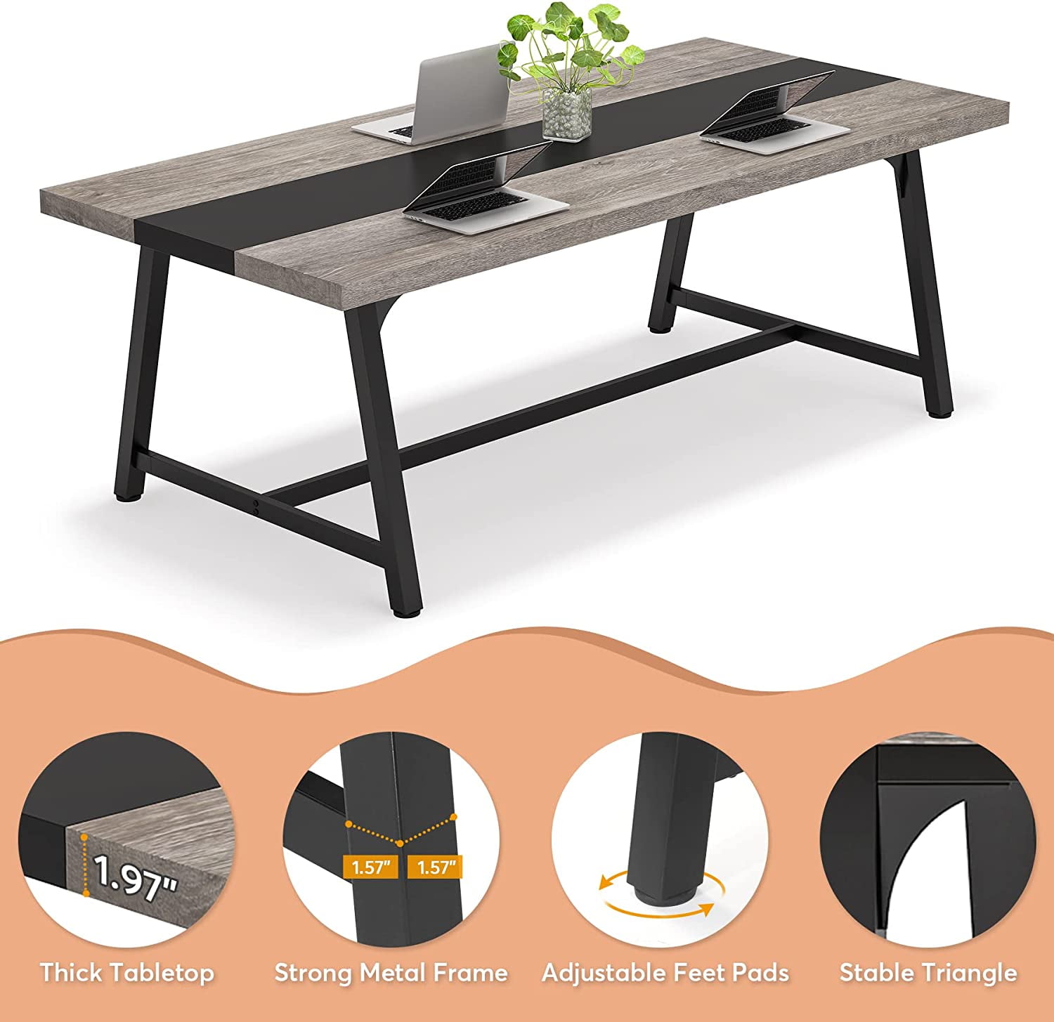 Tribesigns 6-Seater Conference Table, 70.87"L Vintage Wood Executive Desk with Strong Metal Frame for Meeting Room, Grey