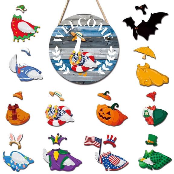 25PCS 11.8in Coastal Goose Welcome Door Sign with Magnetic Seasonal Accessories, Wooden Round Hanging Decor for Summer Home