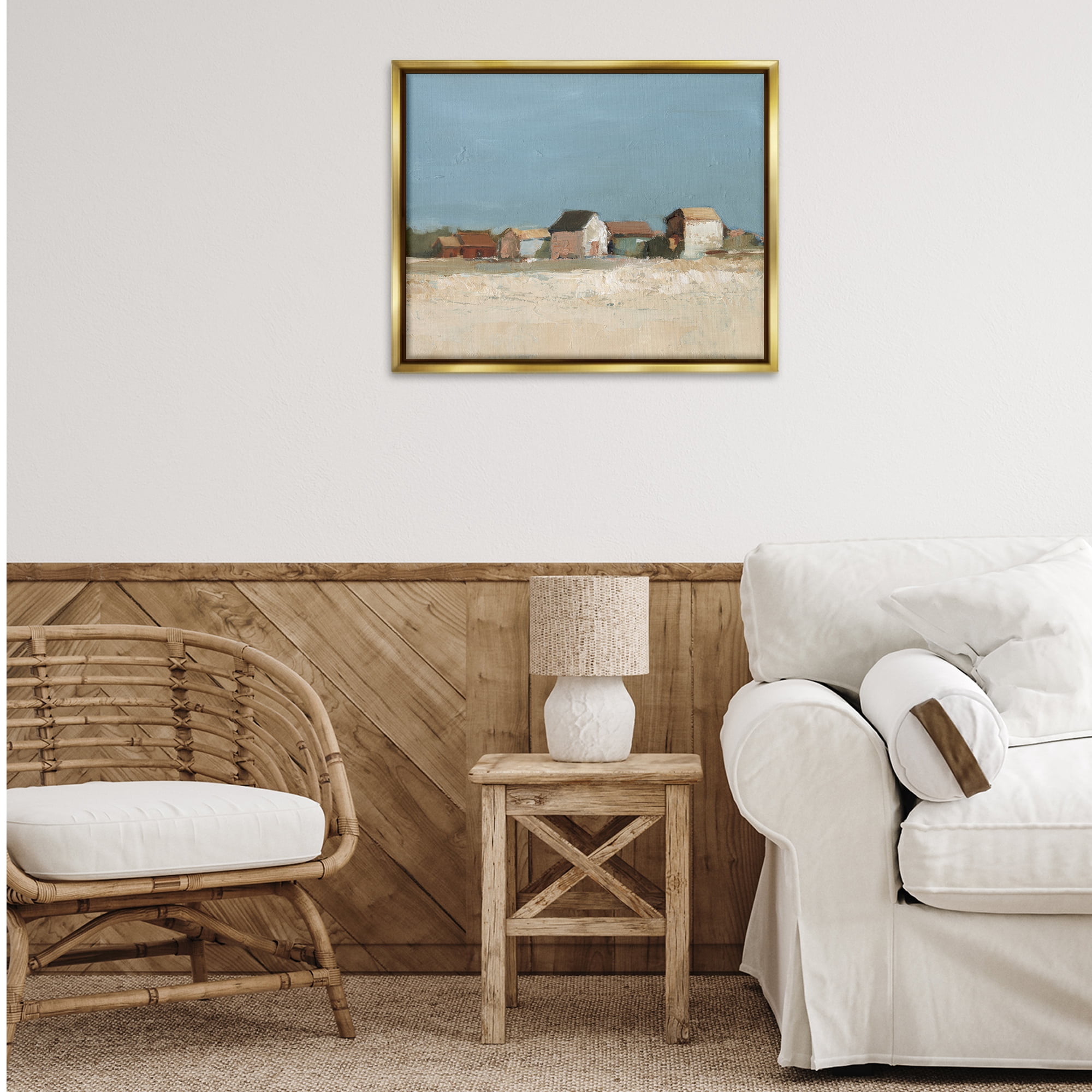 Stupell Industries Neighborhood in Distance Landscape & Nature Painting Gold Floater Framed Canvas Art Print Wall Art, 31 x 25
