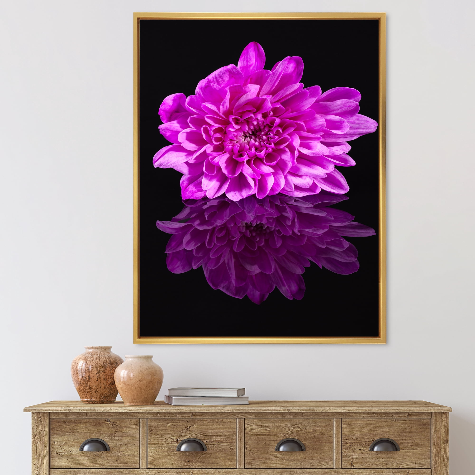 Designart 'Single Purple Chrysanthemum Flower On Black Reflection' Traditional Framed Canvas Wall Art Print