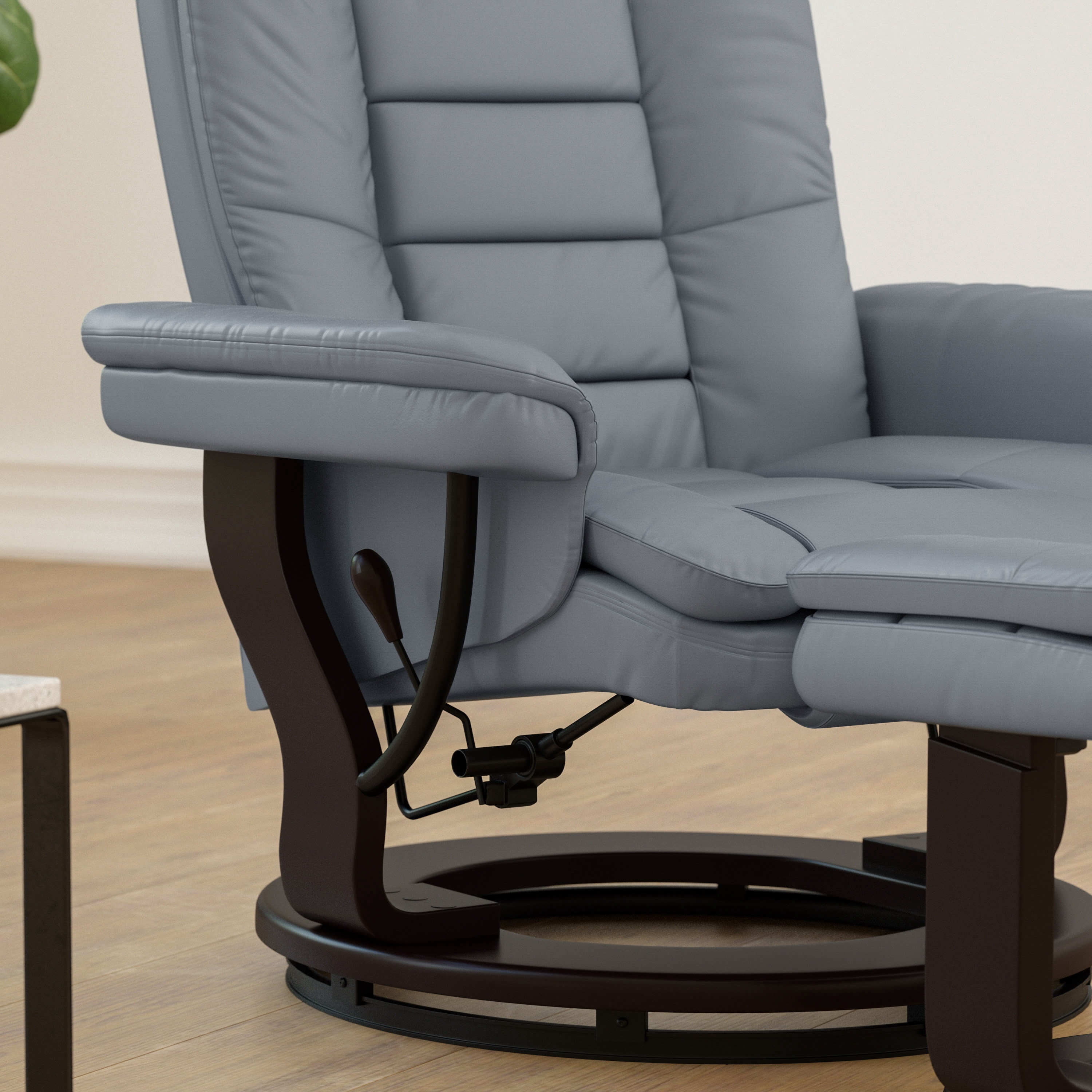 BizChair Contemporary Multi-Position Recliner with Horizontal Stitching and Ottoman with Swivel Mahogany Wood Base in Gray LeatherSoft