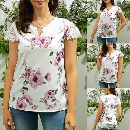 

Summer Short Sleeve for Women Womens Elegant Lace Splicing V-Neck T-Shirt Floral Casual Loose Tunic Blouse Tops