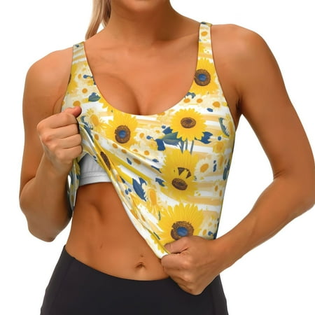 Qokaie Striped Sunflower Daisy Pattern Womens Scoop Neck Sports Bra Breathable Workout Vest Padded U Back Medium Impact Fitness Gym Yoga Bra Workout Crop Top