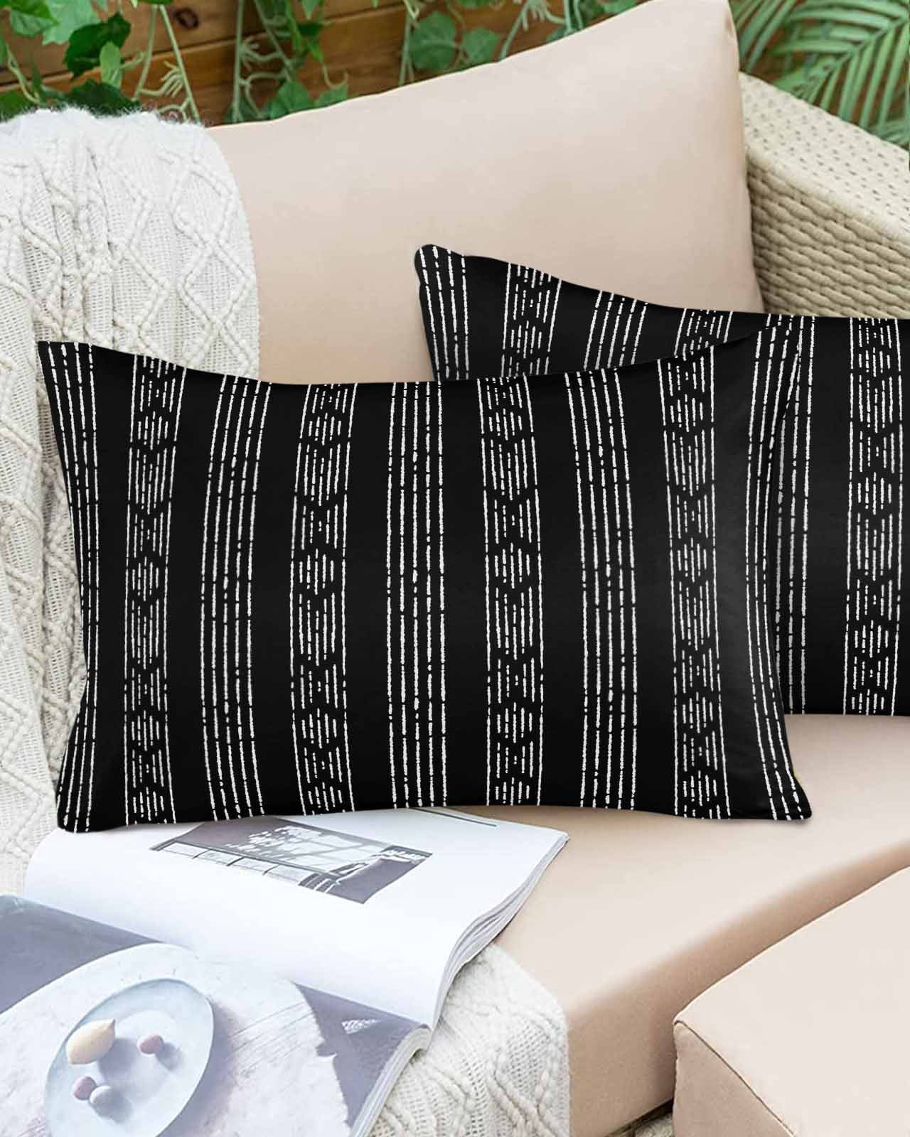 Outdoor Waterproof Throw Pillow Covers Set of 2 Black Boho Decorative Pillowcases Lumbar Outdoor Pillows Cushion Case 20x12 Inch Bohemian Style Stripes Patio Pillows for Couch Sofa Bed Garden