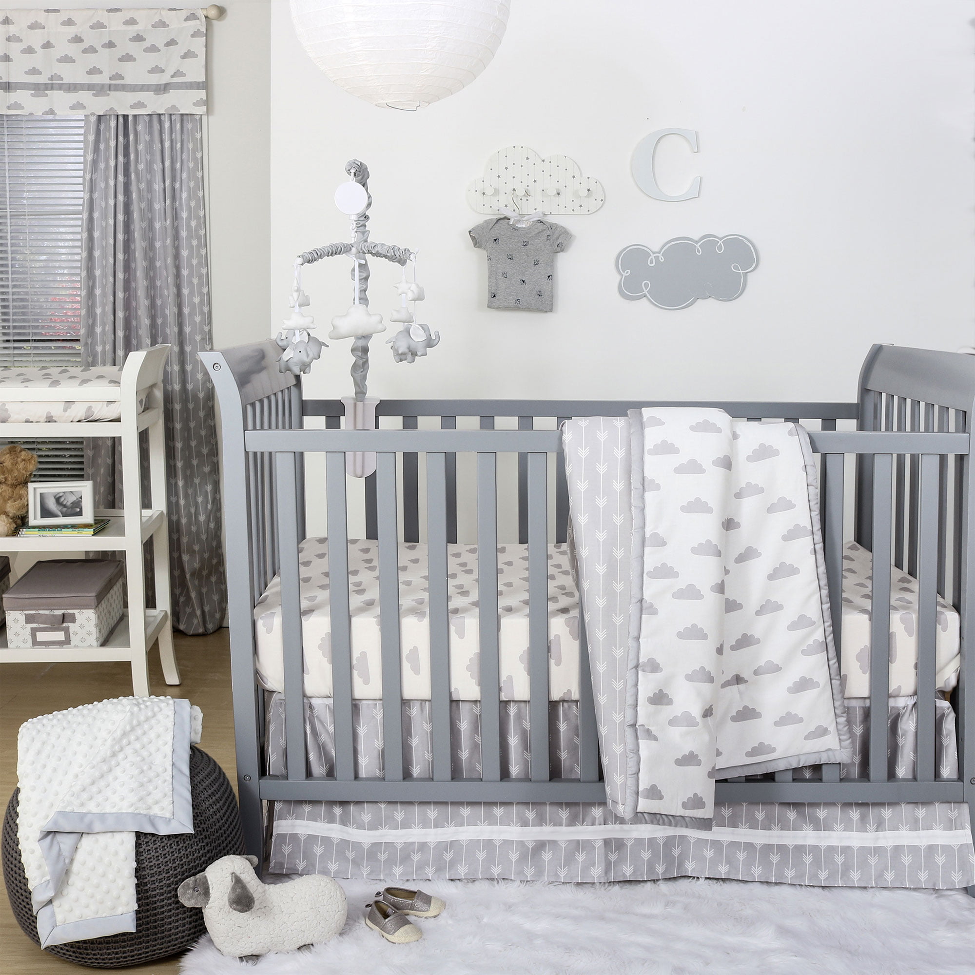 grey and white crib bedding set