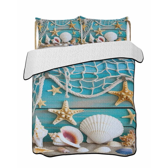 Coastal Beach Quilts Bedding Set Twin Size Conch Starfish Lightweight Quilted Bedspread 3 Piece Bed Quilt with 2 Pillow Shams All Season for Bedroom 68" x 86"
