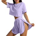 thumbnail image 2 of Xunmmm Women's Pajamas Set Comfortable Loose Solid Color Mesh Hollow Short Sleeve T-shirt and Short Home Clothes 2 Piece Set Loungewear, 2 of 6