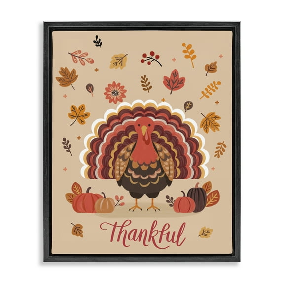 Stupell Industries Thankful Autumnal Turkey Animals Painting Black Floater Framed Canvas Art Print Wall Art, 17 x 21
