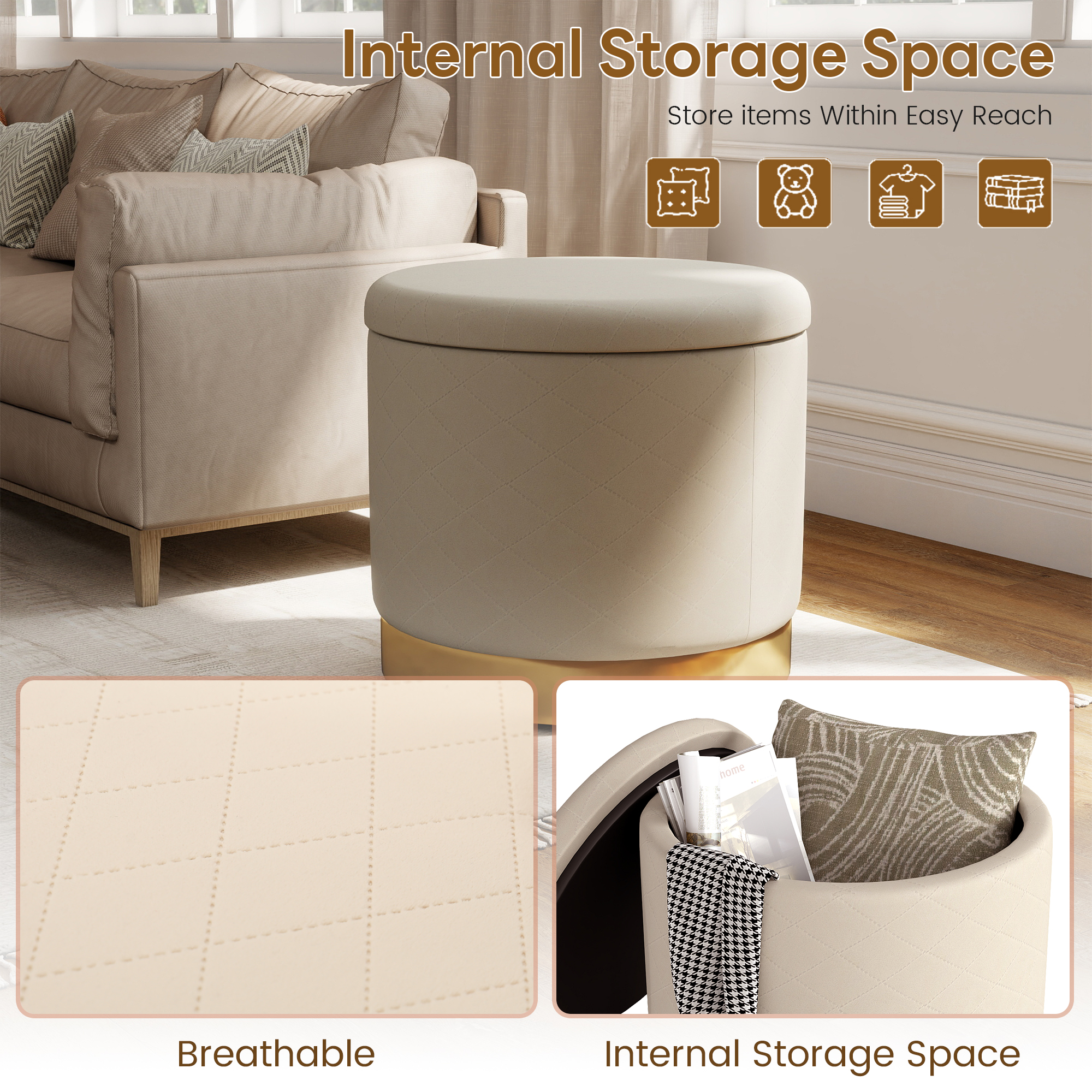 LOGYAT Round Ottoman with Storage, 19.5" x 19.5" x 17.7" Footrest Stool with Removable Tray Lid, Vanity Stool with Storage, Ottoman Padded Seat Foot Rest, for Bedroom Living Room, Beige