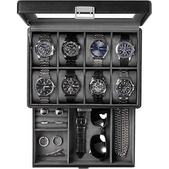 ProCase Watch Box, Jewelry Organizer Box with Drawer, Display Case with Glass Lid -Black, 8 Slot