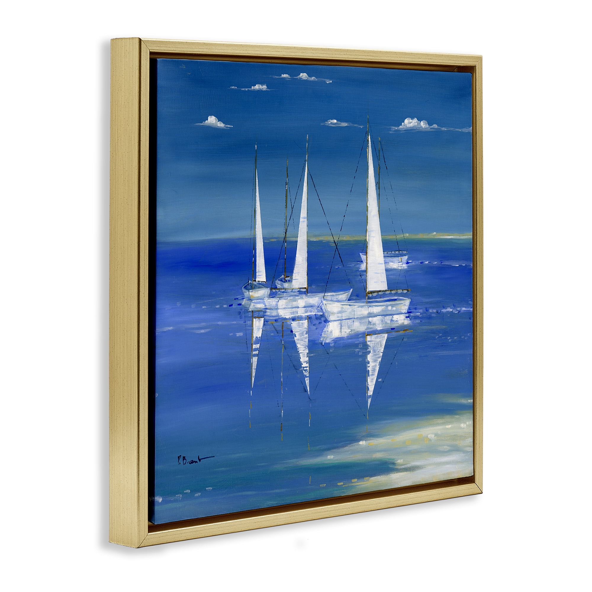 Stupell Industries Serenity Sailboats Reflected on Water Gold Framed Floater Canvas Wall Art, design by Paul Brent