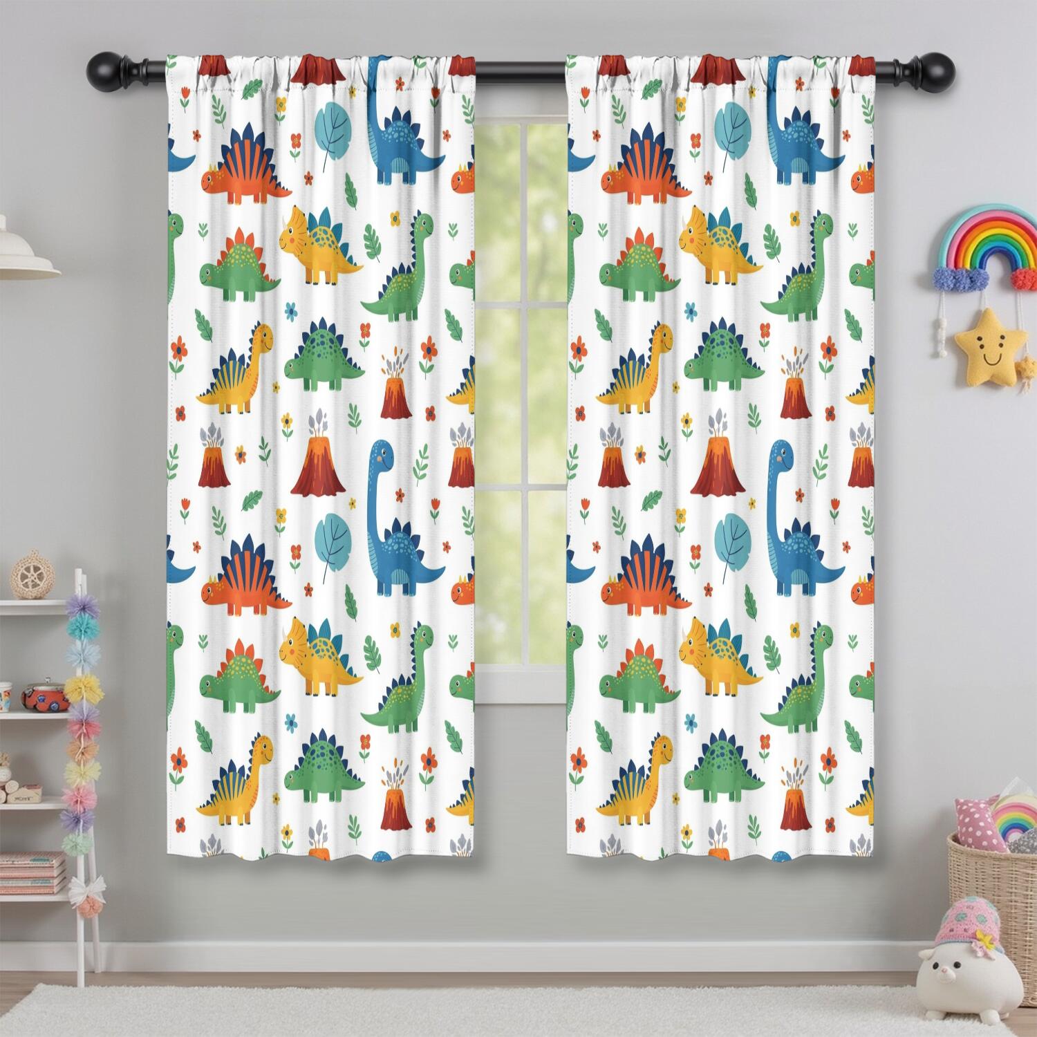 Blackout Kids Curtains,Dinosaur and Volcano Pattern Childrens Insulated Curtains Set Of 2,Bedroom Essentials,Toddler Room Decor 42"x63"