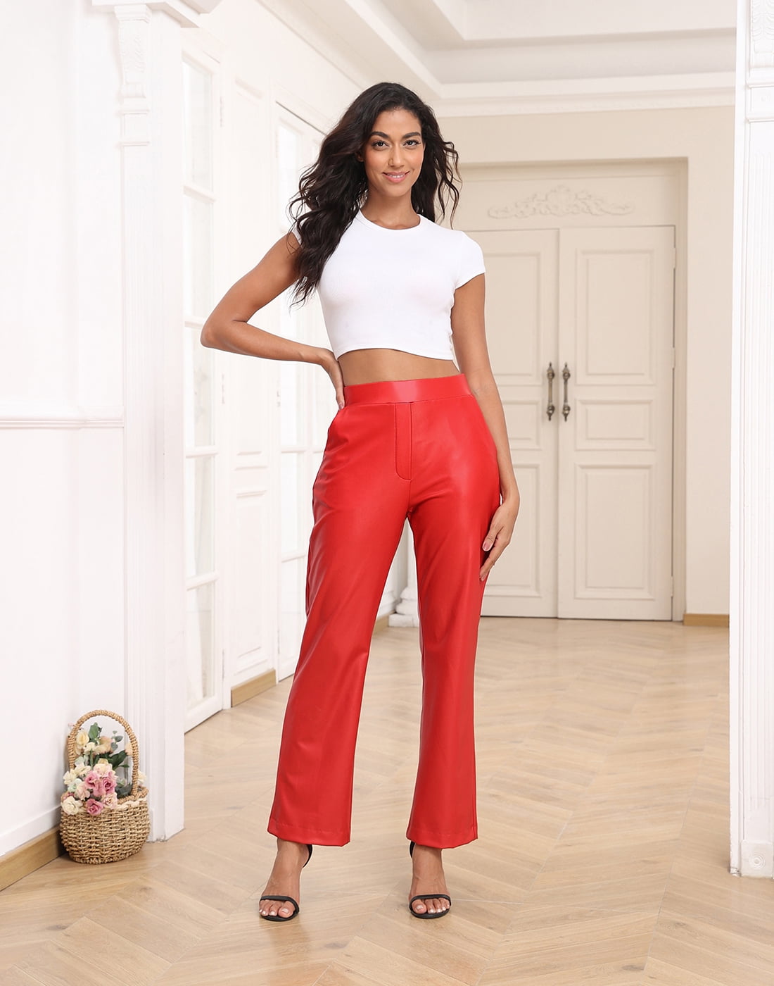 HDE Women's Pull On Faux Leather Kick Flare Pants with Pockets Red - S