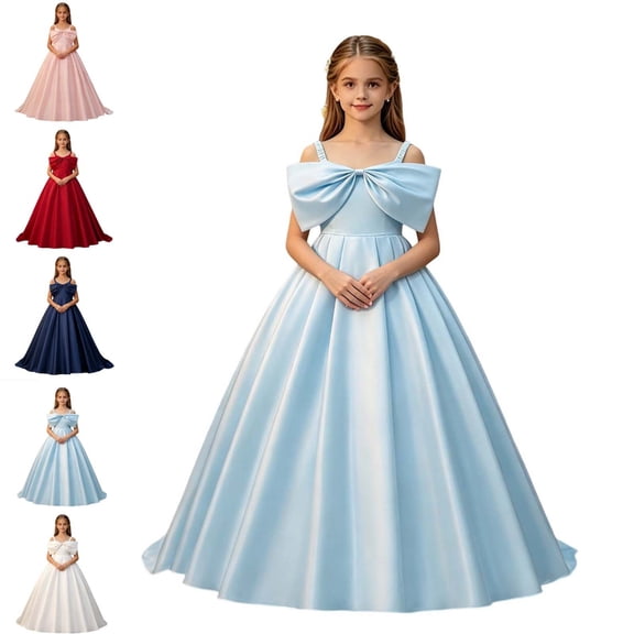 ITSAME Flower Girls Bow Slip Dresses Spaghetti Straps Pageant Wedding Birthday Party Formal Maxi Gown Sky Blue Size 11-12