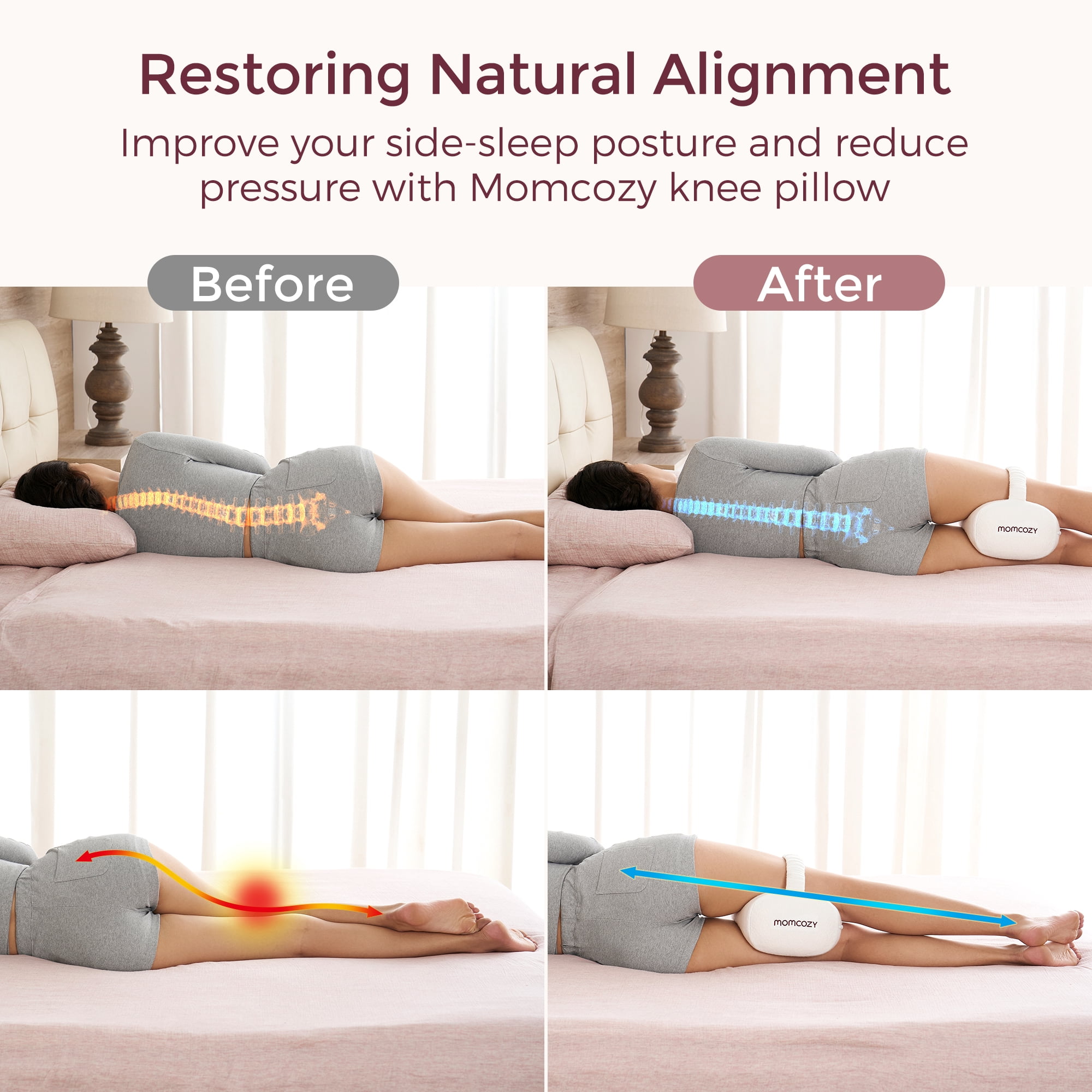 Momcozy Knee Pillow for Side Sleepers, Soft Memory Foam Support Spine Alignment Pregnancy Leg Pillow for HIPS, Back, Sciatica Pain, Fixed Strap for Moving, Wider Contact Even Pressure