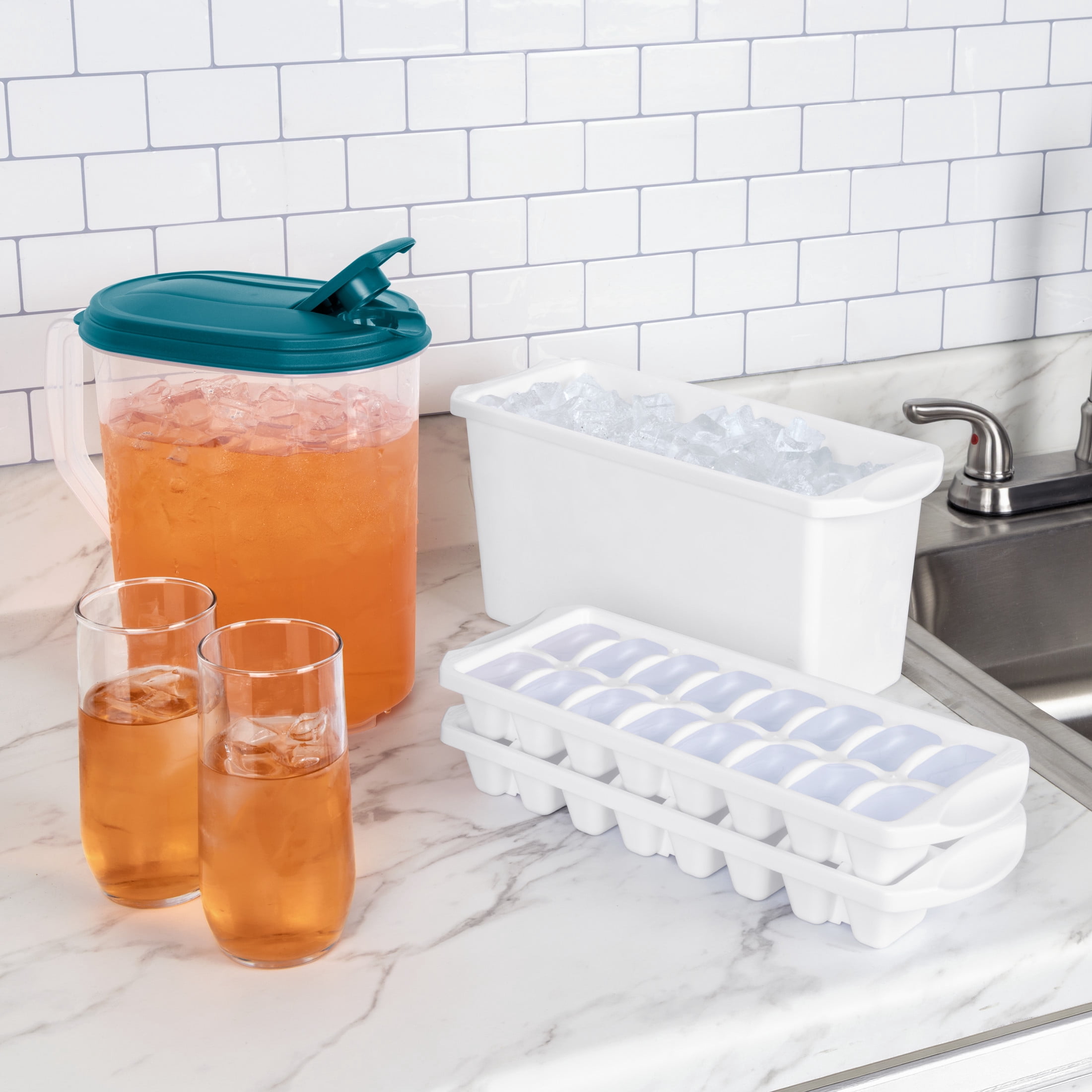 (4 pack) Mainstays Ice Cube Bin, Narrow Design, Freezer-Safe, Durable Food-Safe Plastic, BPA-Free, White