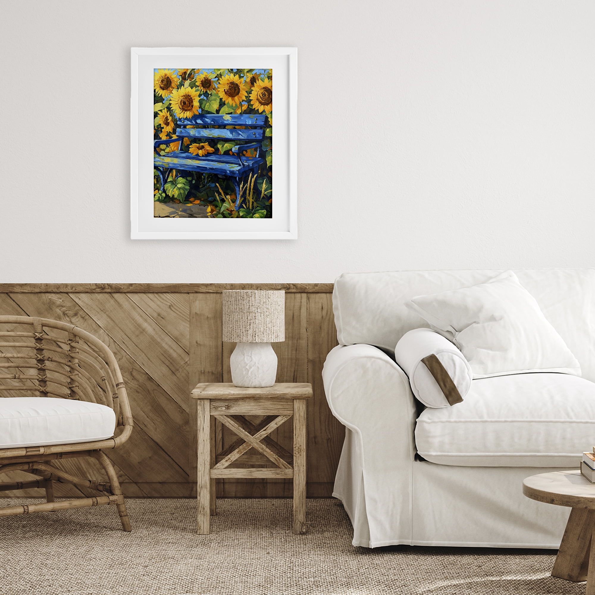 Stupell Industries Bench in Sunflower Field White Framed Print Under Glass, design by Creative Studio