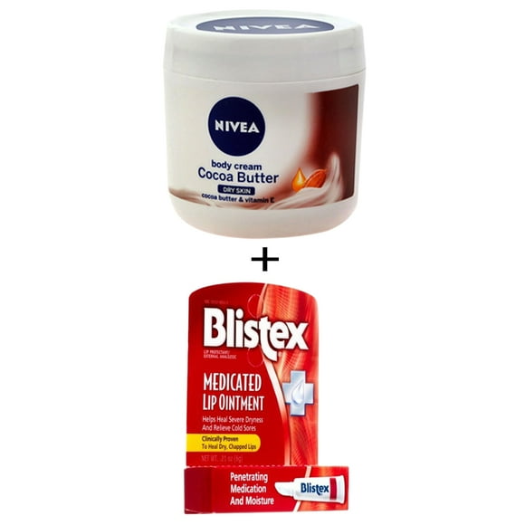 Blistex Onguent pour Lèvres Médicamenteux & Nivea Crème pour le Corps Beurre de Cacao & Vitamine E - Peau Sèche - 400 ml