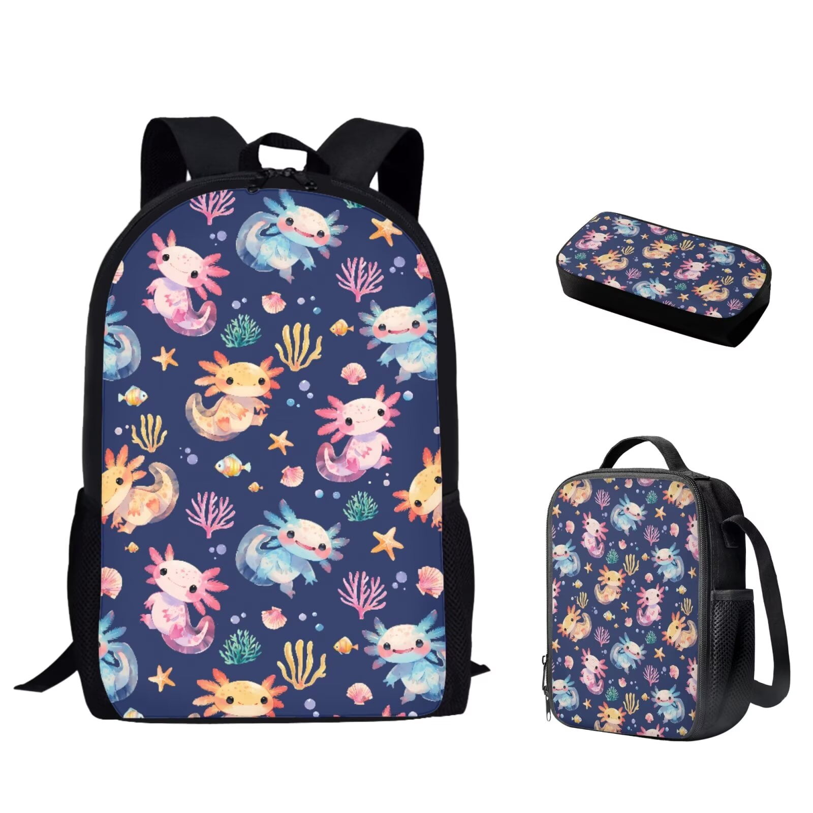 Binienty Axolotl Backpack Student Bookbag for Girls Boys Elementary School 3 Piece Kids Casual Travel Backpack with Lunchbox Pencil Case