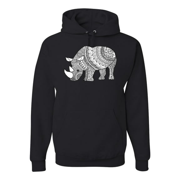 Black and White Mosaic Retro Mandala Rhino Animal Lover Graphic Hoodie Sweatshirt, Black, Small