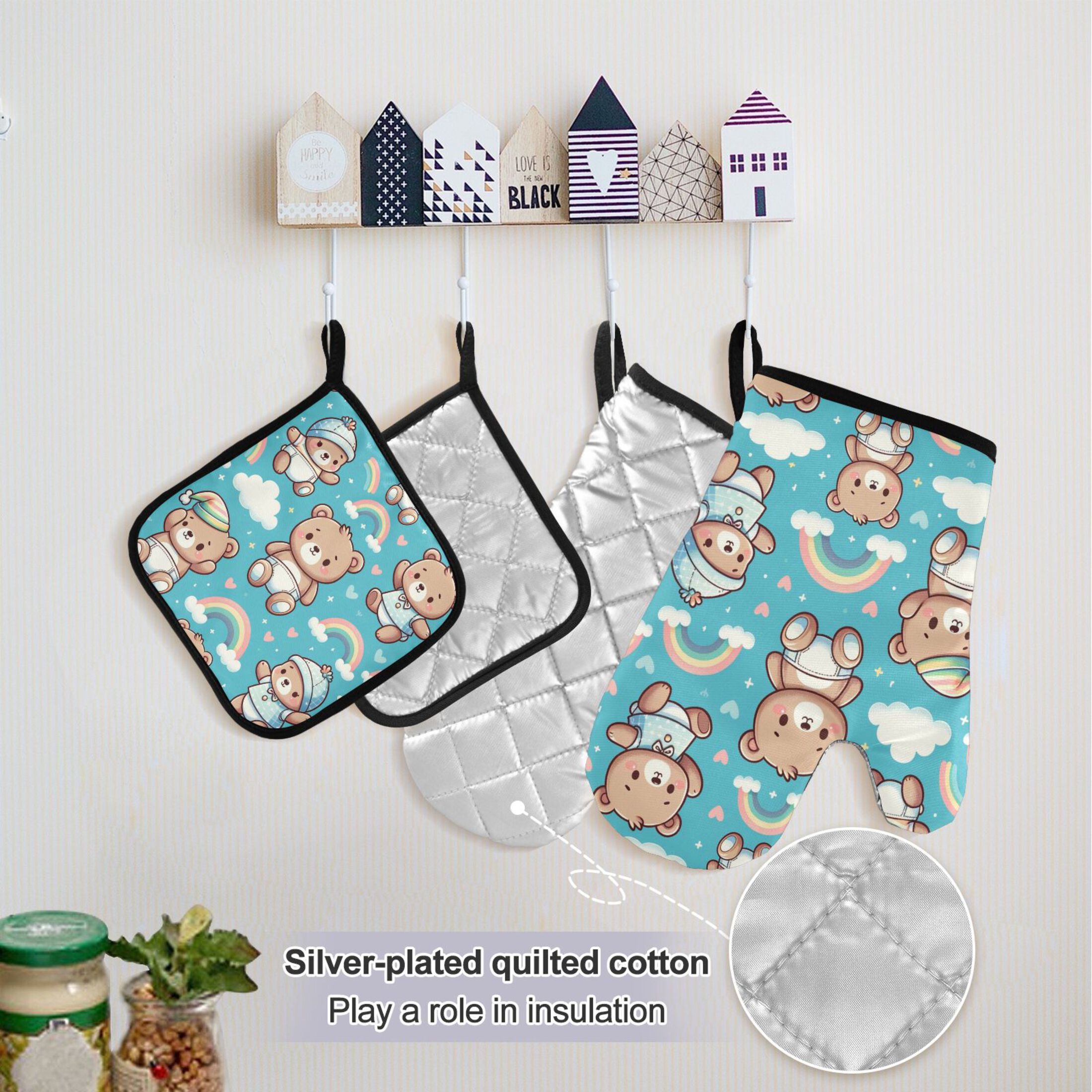 5 Pcs Kitchen Set Heat Resistant Oven Mitts and Non-Slip Pot Holders with Adjustable Cooking Apron Bear with Hat and Rainbow