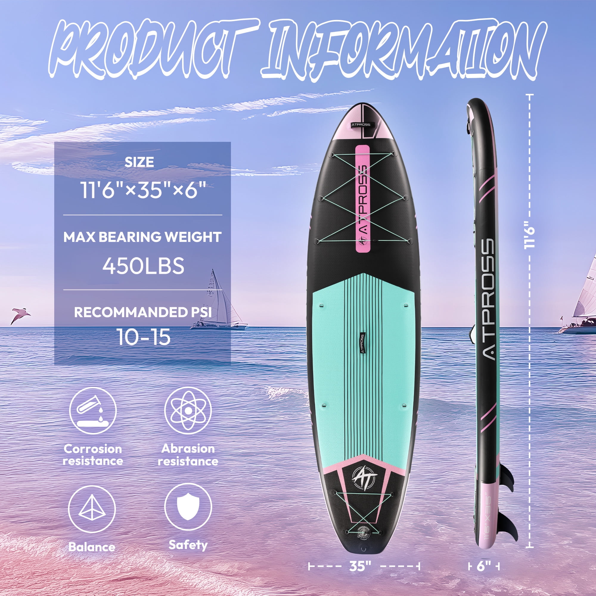 Ultifit Inflatable Paddle Board Extra Wide 450 Lbs Capacity Anti-Slip Design with SUP Accessories 11'6" x 35" Pink