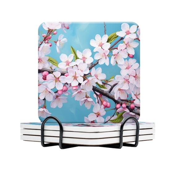 BaHomeck Drink Coasters Set Of 4 With Holder Large Painting Of Cherry Blossoms On Blue Background Water Absorbent Ceramic Coasters Tabletop Protection,Suitable For Various Cup,Home Decor