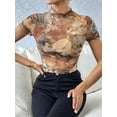 thumbnail image 4 of Women'S Print Mesh Short Sleeve Crop Top Mock Neck Slim T-Shirt Lettuce Trim Sheer Going Out Tops Amber XL, 4 of 9