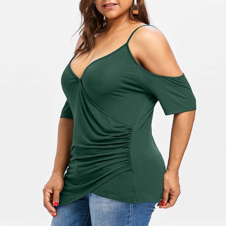 RYDCOT Fashion Womens Plus Size Cutout Asymmetric Cold Shoulder T-shirt  V-Neck Tops Gray XXXXXL 