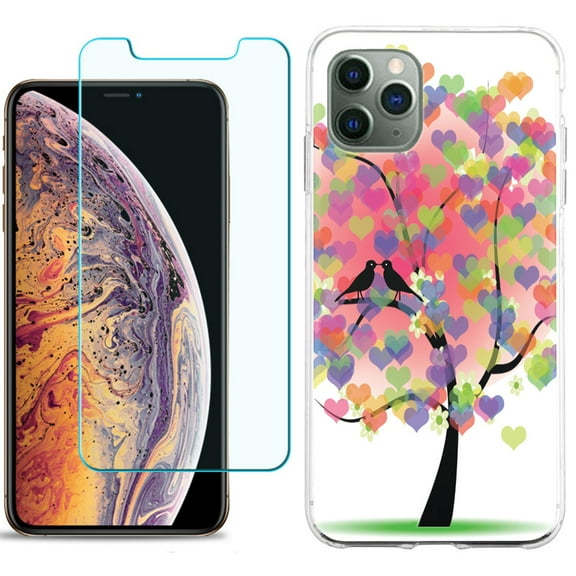 For Apple iPhone 11 Pro Case , Slim-Fit TPU Protective Phone Case with Tempered Glass Screen Protector, by OneToughShield ® - Color Hearts Tree