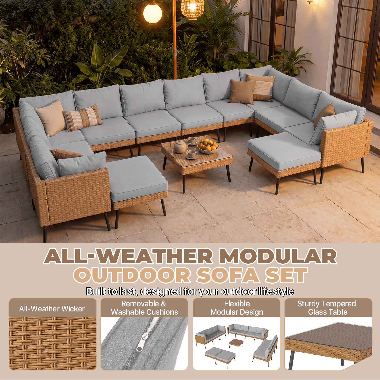 BaPiPro 13-Piece Outdoor PE Rattan Sectional Sofa Set, All-Weather Patio Conversation Set with Cushions & Tempered Glass Coffee Table, Suitable for Courtyard, Backyard and Garden, Grey