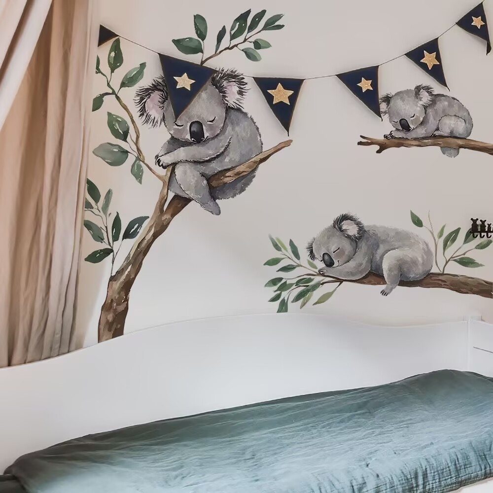 Koala tree branch decals, koala wall stickers Woodland Animal Tree Branch Wall Decals for Kids Bedroom Baby Nursery Home Decor DIY transparent stickers, bedroom, living room, TV wall, children's room