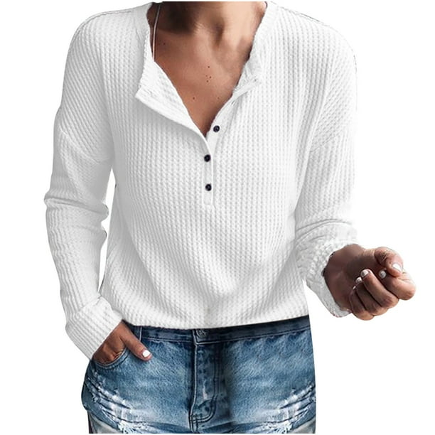 Blusa de manga larga con cuello en V abotonada informal de moda para mujer Pompotops gfhjh5440