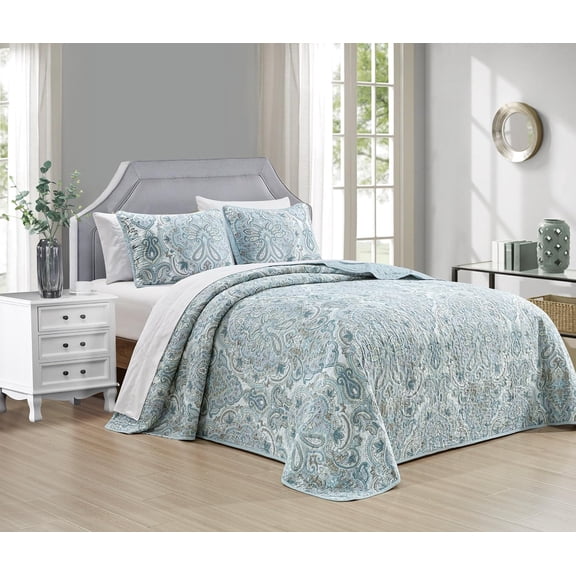3-Piece Oversized Lightweight Quilt Set in California King 118” x 95” – Soft Microfiber Bedspread with 2 Shams – Pale Blue, Muted  & Grey Colors - Paisley Design - Reversible Coverlet
