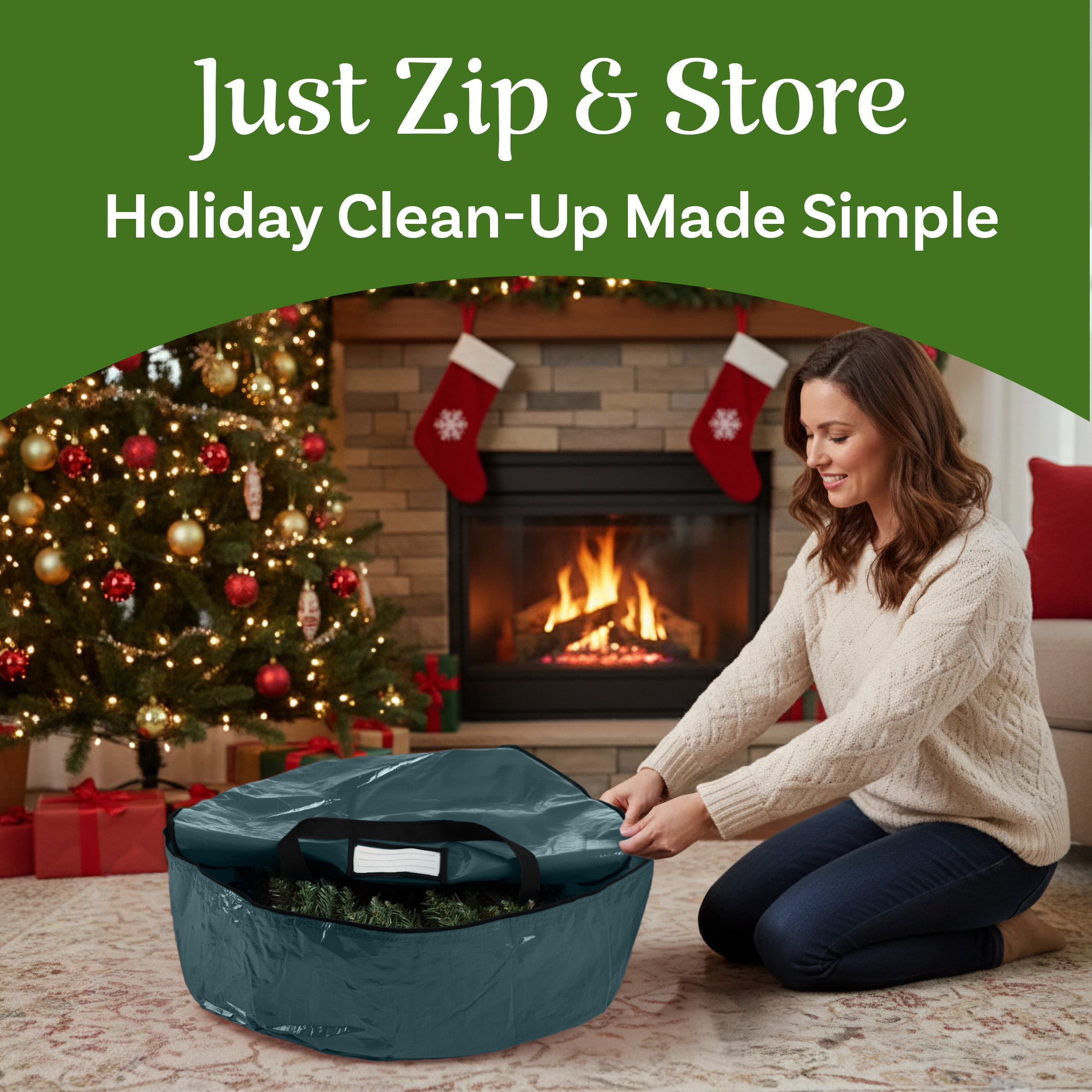 Elf Stor Christmas Wreath Storage Bag with Handles and Zipper (Green)