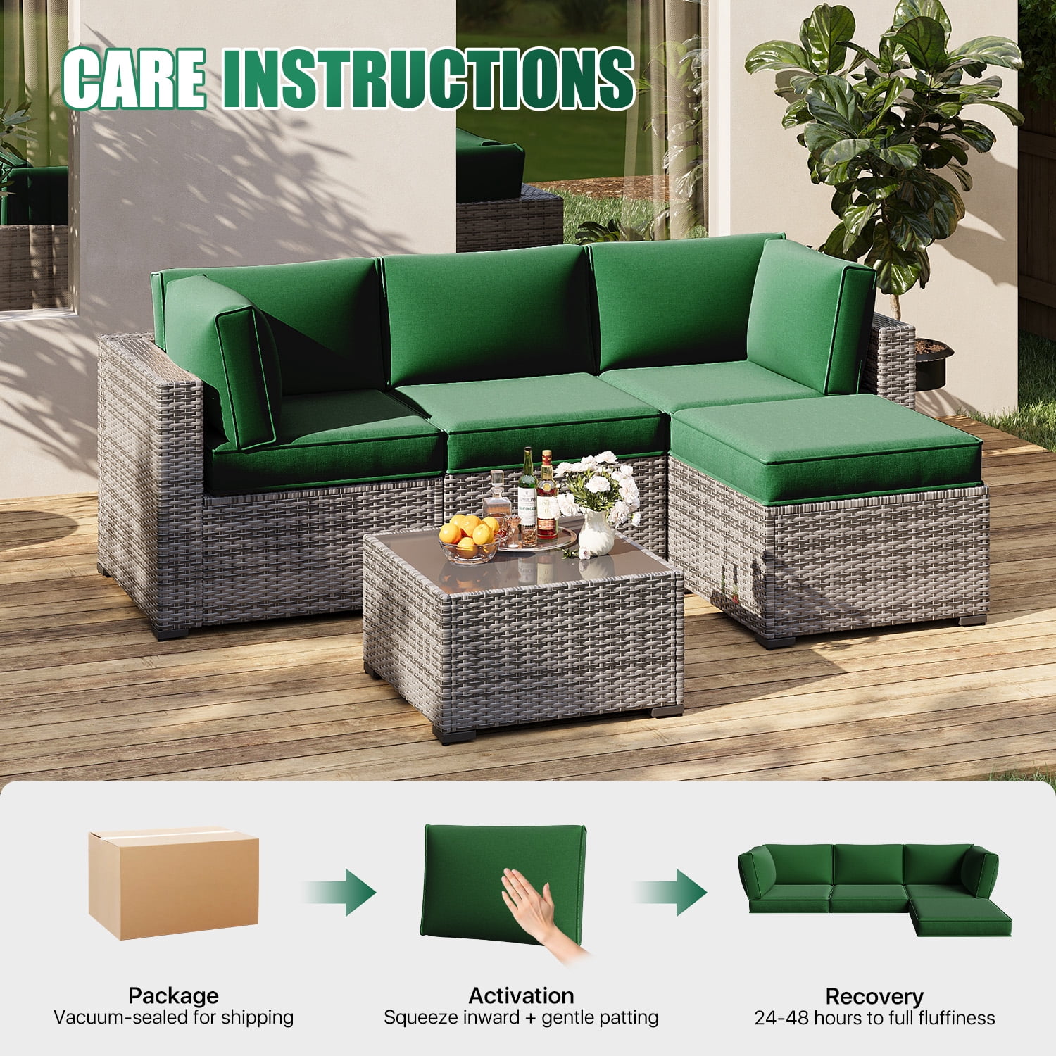 Clouddwell 9-Piece Outdoor Cushion Set for 4-Seat Wicker Sectional - Waterproof, High-Resilience Foam (Green)