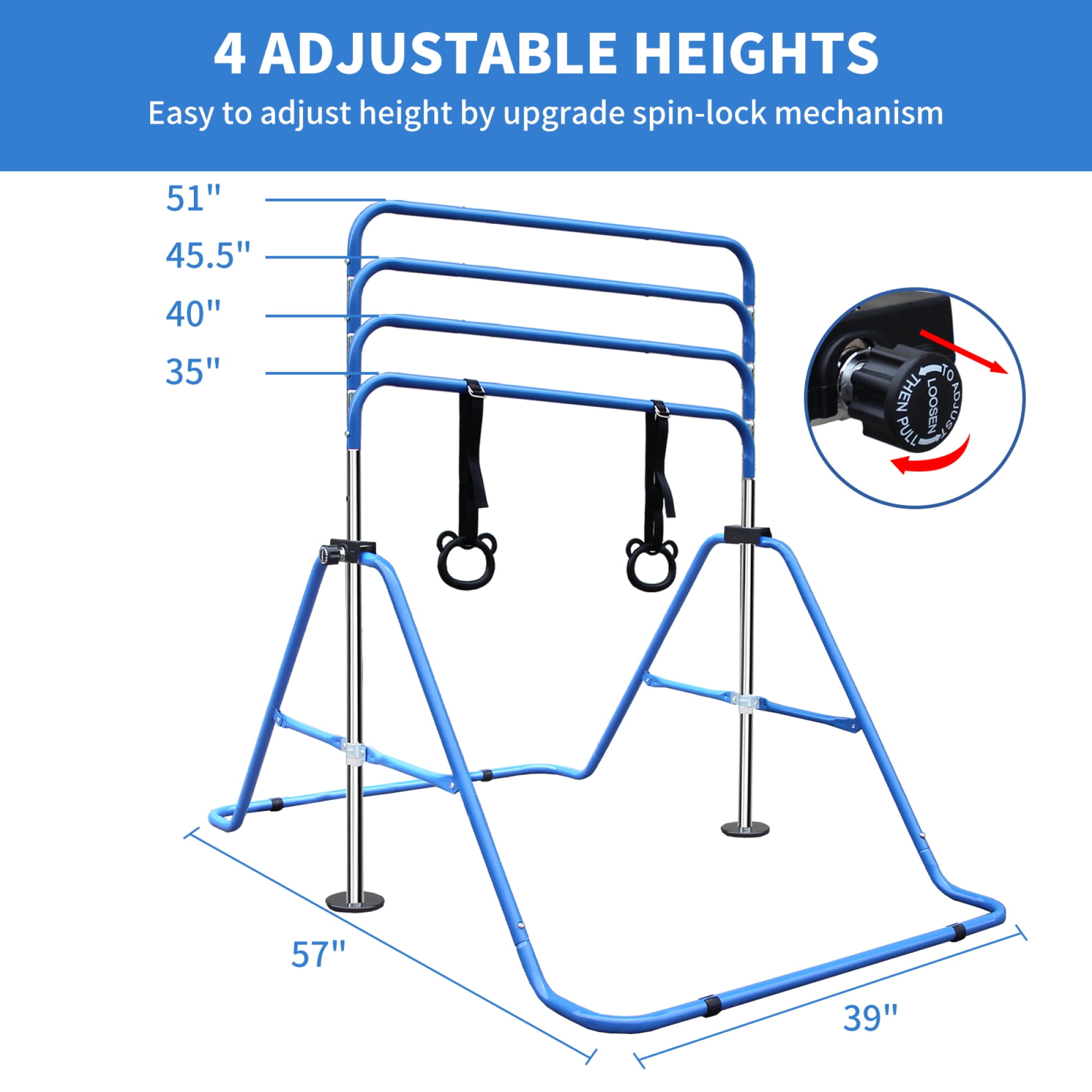 Leumius Gymnastics Bar for Kids,35"-51" Adjustable Height Steel Gymnastic Horizontal Bars with Bear Rings,Gymnastics Equipment for Indoor/Outdoor Training,Blue