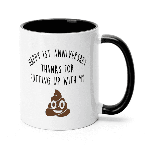 YouNique Designs 1 Year Anniversary Mug for Girlfriend and Boyfriend, 11 Ounces, 1st Wedding Anniversary Cup for Her and Him, One Year Coffee Mug for Husband and Wife, 1 Anniversary (Black Handle)