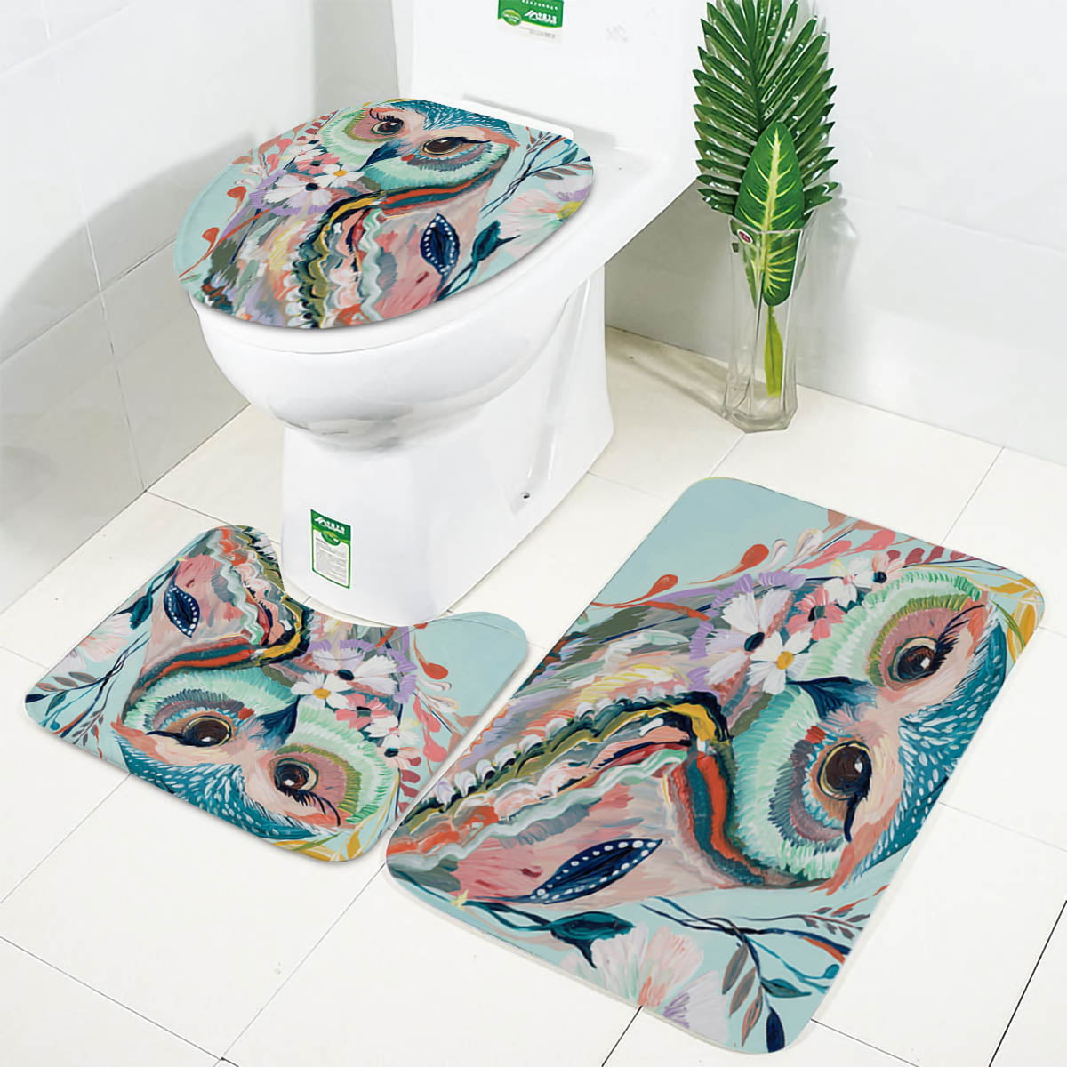 Cute Colorful Owl Shower Curtain Door Bath Mat Toilet Cover Rugs Bathroom Decor 